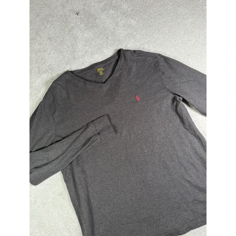 Polo Ralph Lauren T-Shirt Mens M Grey Excellent V-Neck Long Sleeve Pony Logo
